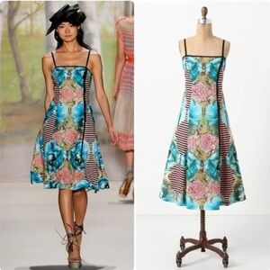 Tracy Reese for Anthropologie Vintage Inspired Retro Linen Teal Pink Black Dress